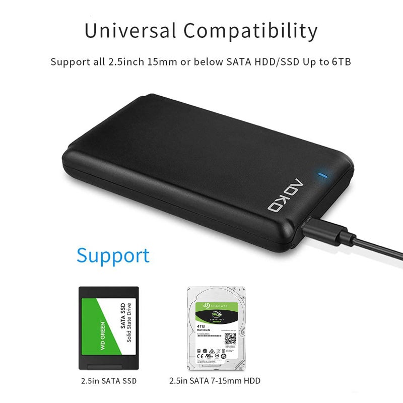 AOKO USB C 3.1 to 2.5-inch 7mm to 15mm SATA Hard Drive Enclosure(UP to 15mm Thick HDD),Tool-Free Portable Hard Drive Case Converter with Dual USB-A to C Y Cable and USB A to C Adapter - Image 2